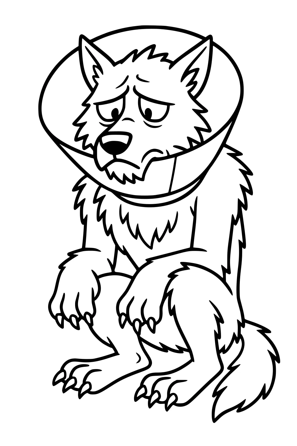 Sad cartoon werewolf sitting with an Elizabethan cone around his neck, drooped ears, shaggy fur, curled claws, and a bushy tail.