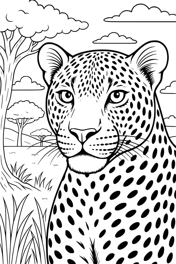 Free Leopard Coloring Page - Spotted Cat in the Savannah (Printable PDF)