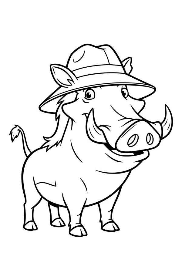 Free Warthog Coloring Page - Smiling Safari Hat Warthog (Printable PDF)