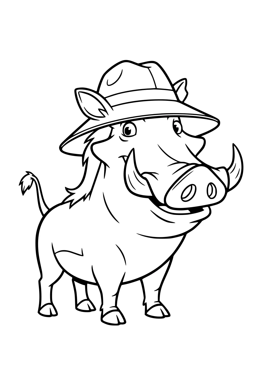 Cartoon warthog wearing a safari hat, standing on four legs and smiling with big tusks.