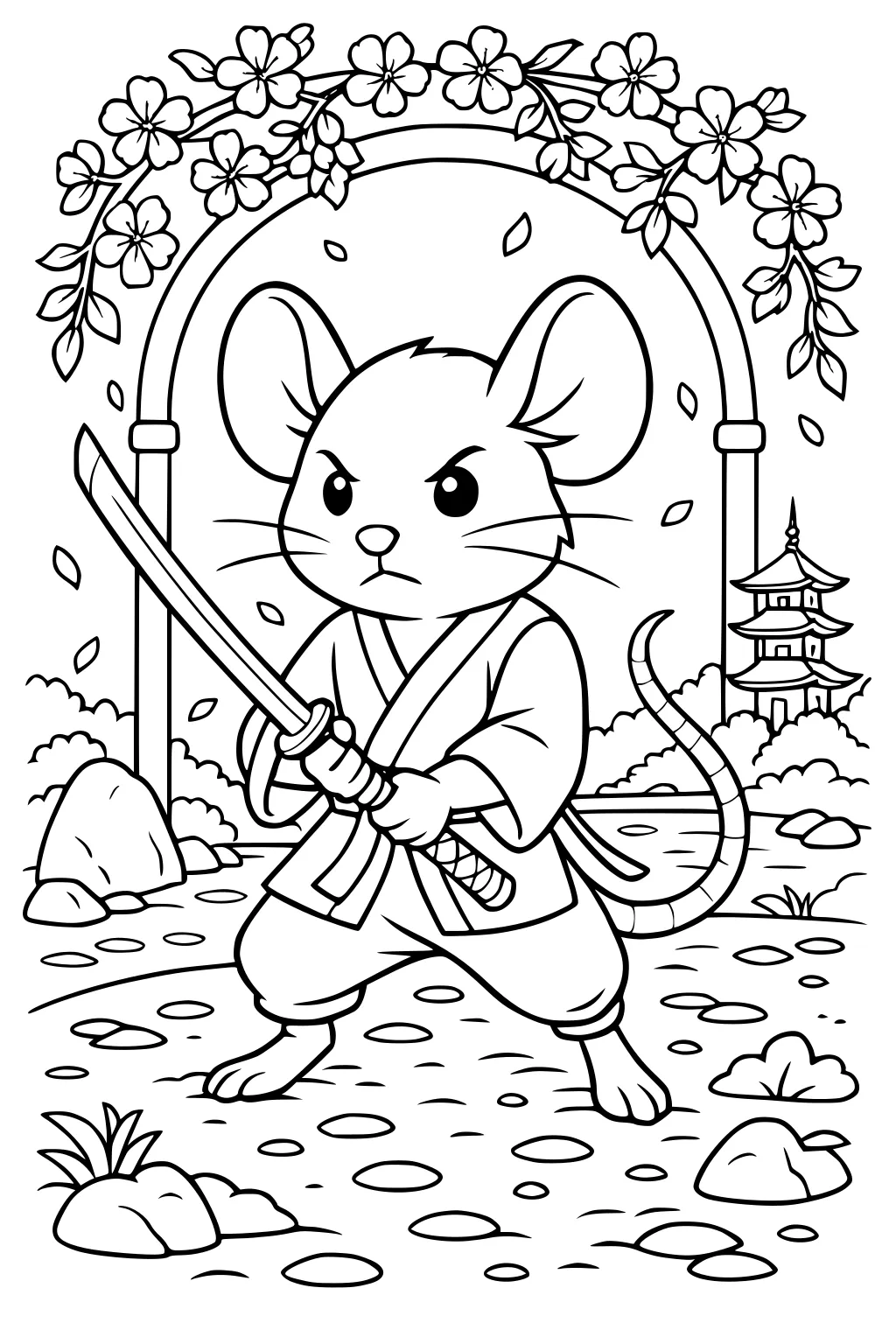 Mouse in samurai kimono holding a sword under cherry blossoms with a Japanese pagoda in the background.