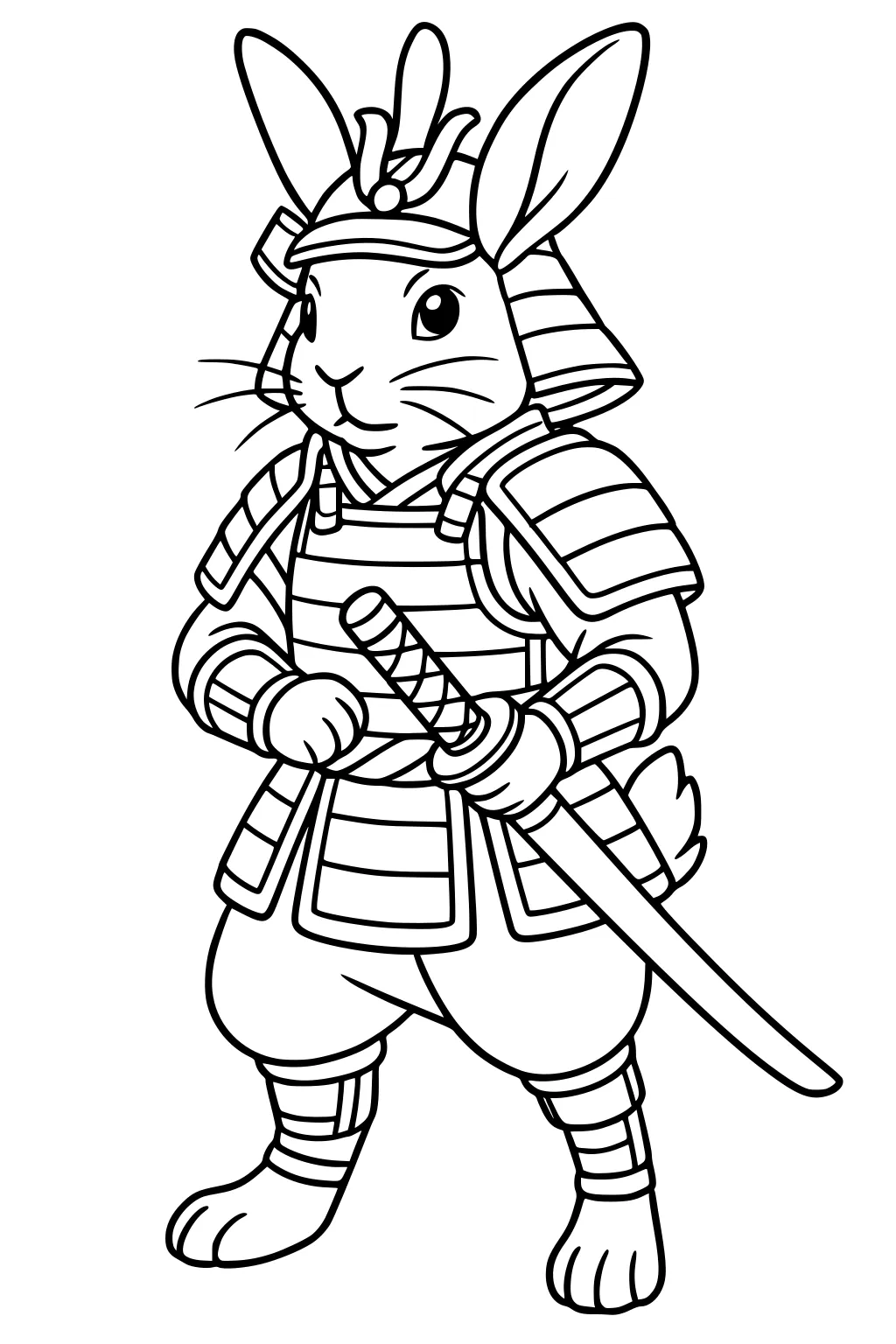 Rabbit in samurai armor holding a sword, standing upright with alert ears and a calm expression.