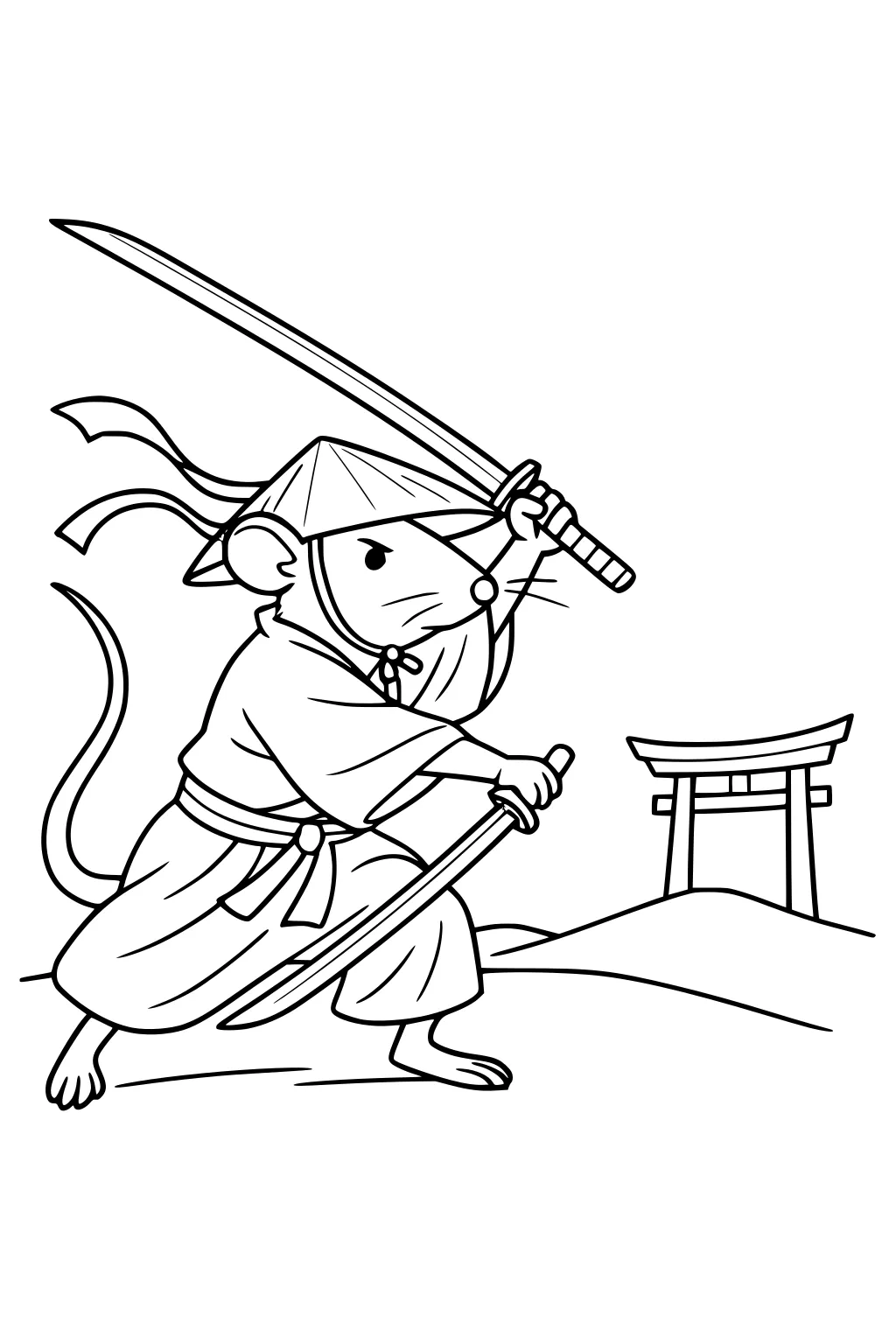 Rat in samurai outfit with sword and hat, standing near a torii gate on a hill.