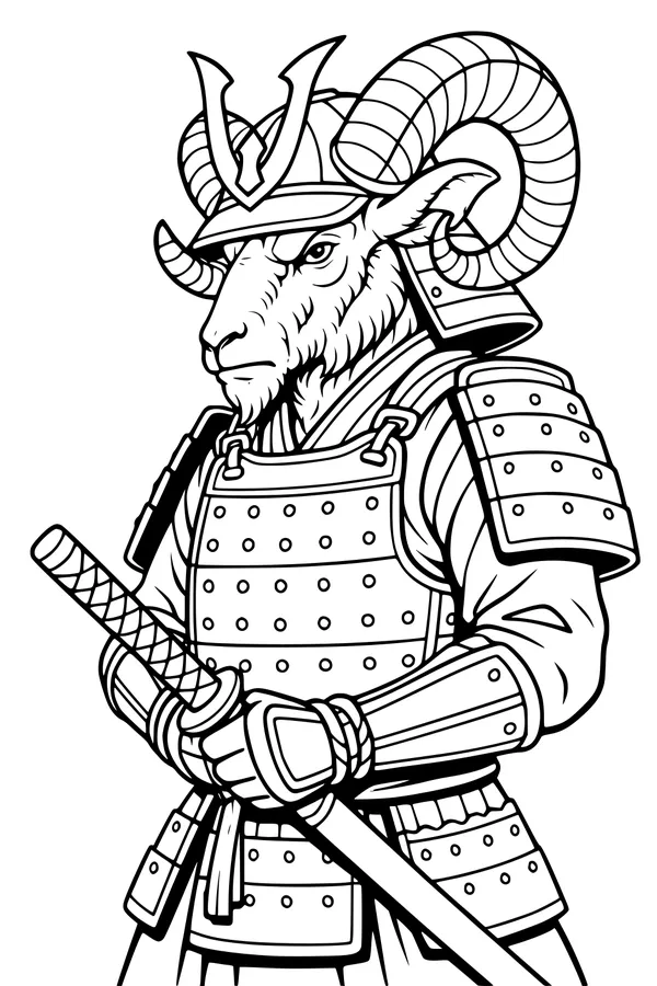 Free Sheep Coloring Page - Samurai Warrior in Shining Armor (Printable PDF)