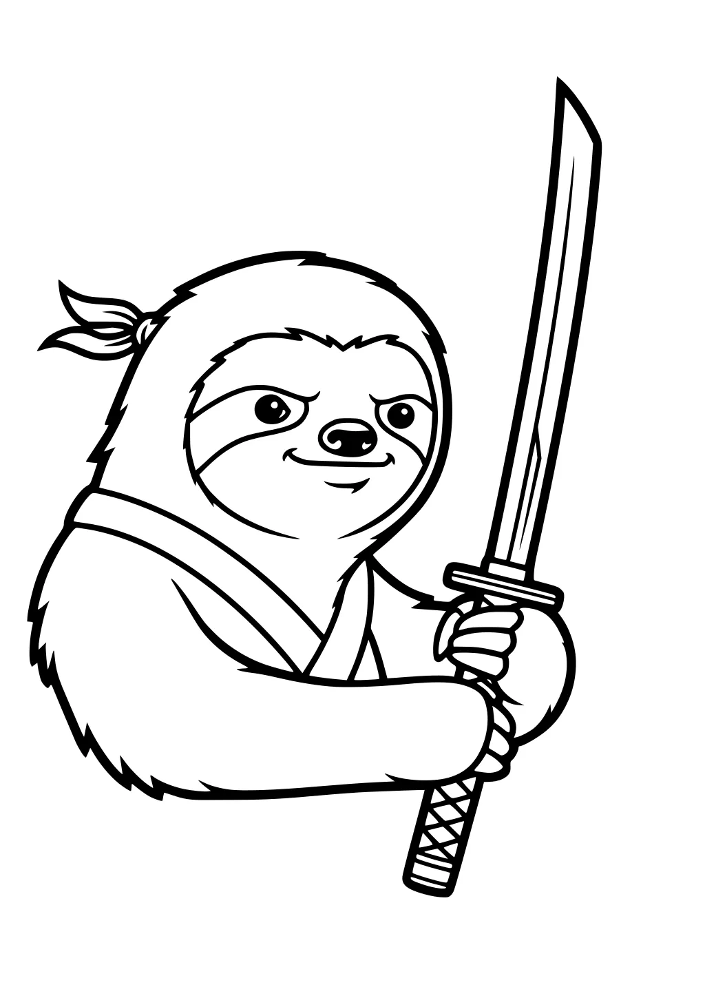 Sloth in a ninja costume holding a sword with a headband and sash, smiling confidently.