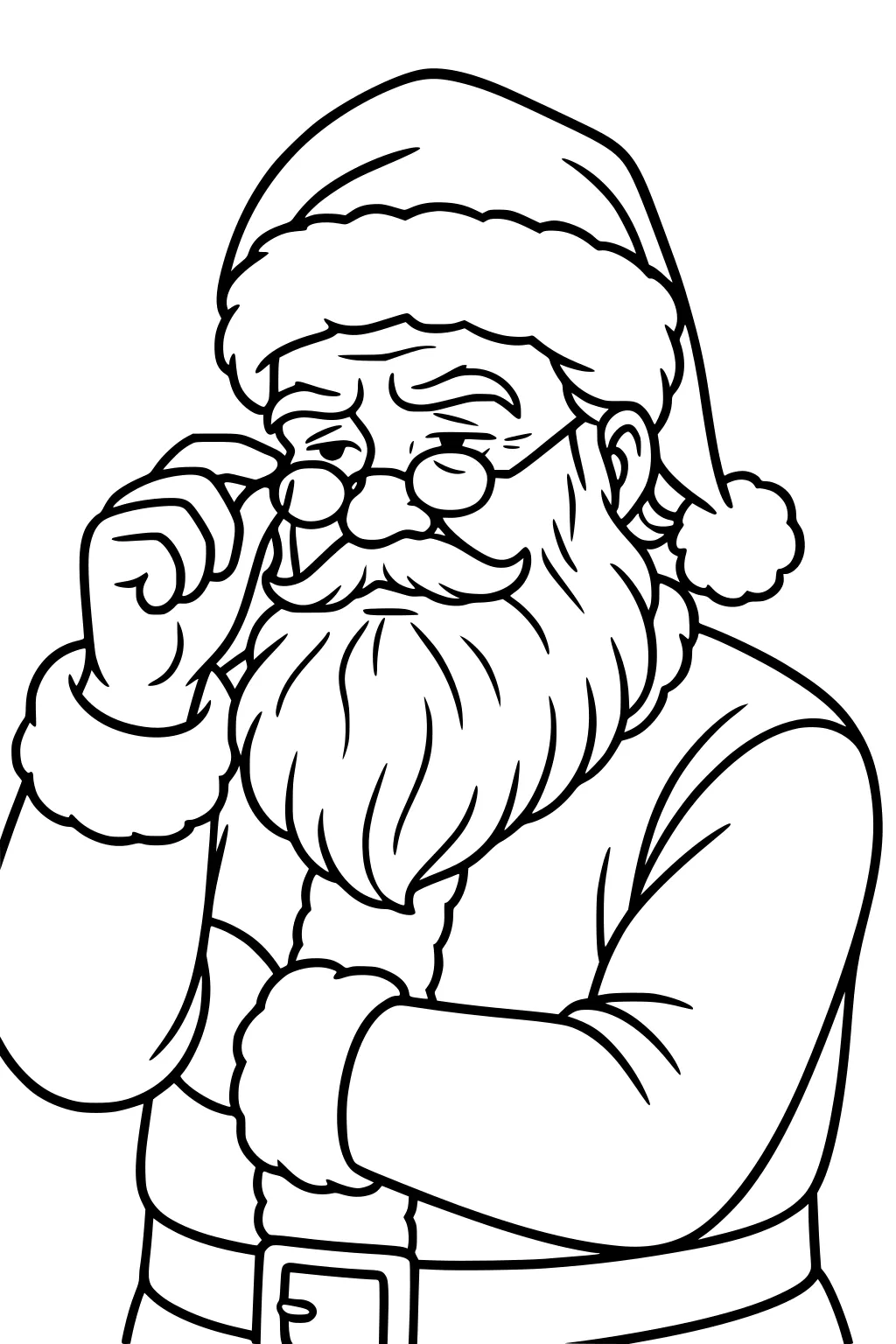 Santa adjusts round glasses, wearing a fur-trimmed hat and coat, big beard and belt, shown from the waist up.