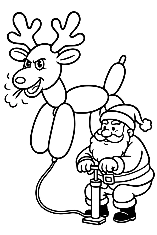 Free Santa Claus Coloring Page - Pumping a Balloon Reindeer (Printable PDF)