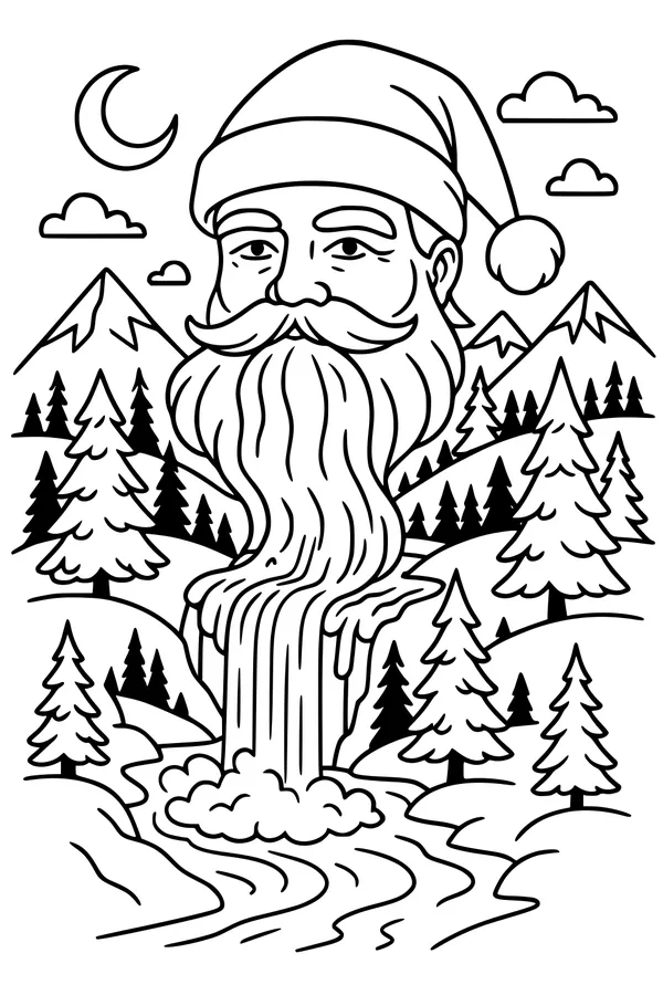 Free Santa Claus Coloring Page - Magical Beard Waterfall in Winter Forest (Printable PDF)