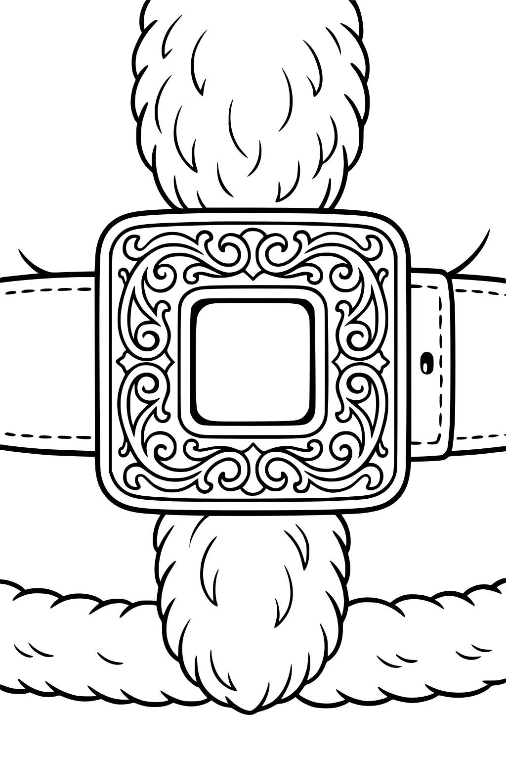 Close-up of Santa's square ornate belt buckle, stitched leather belt, and fluffy fur trim above and below.
