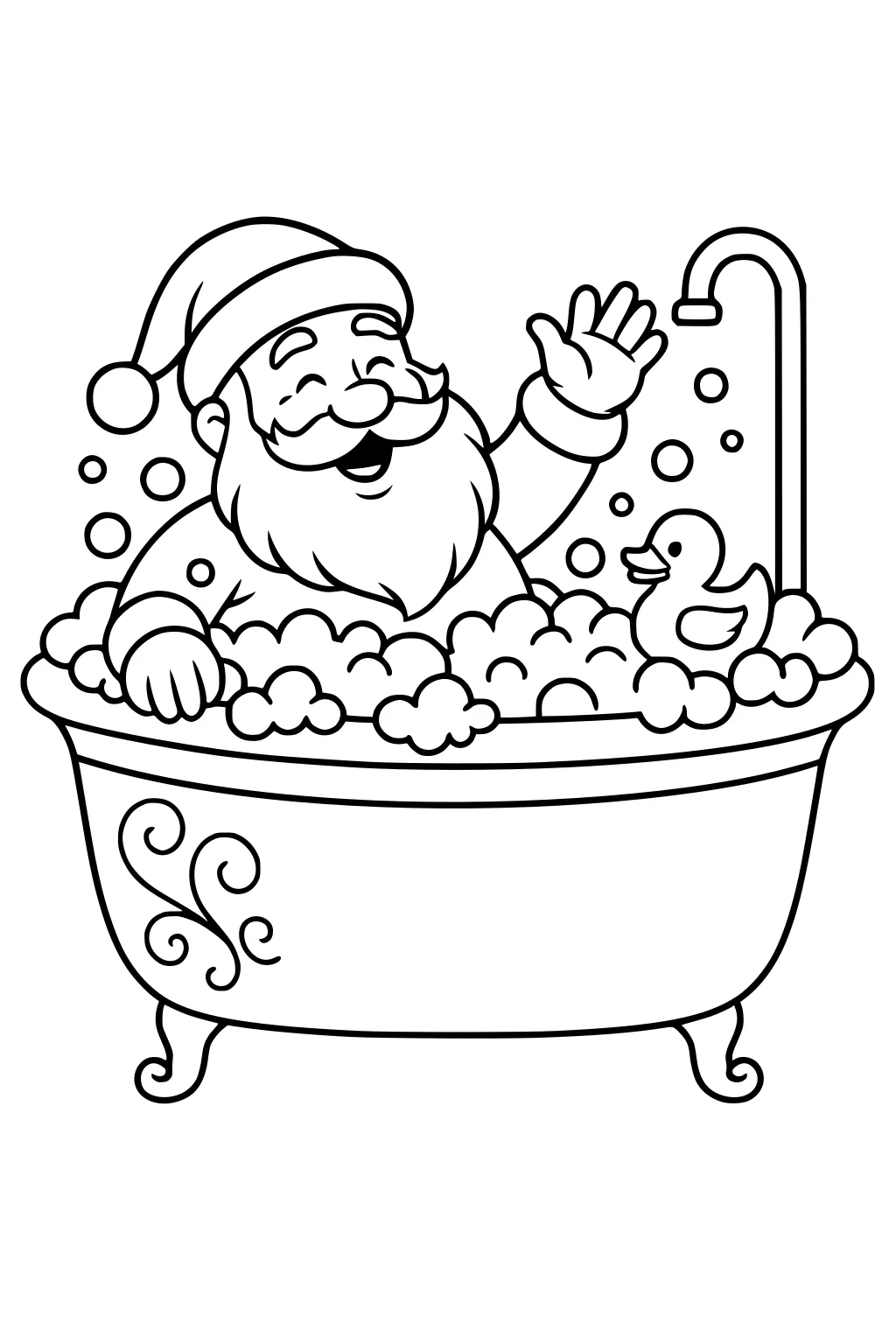 Santa in a bubble bath, waving from a clawfoot tub with a rubber duck, wearing his hat; curved faucet and suds all around.