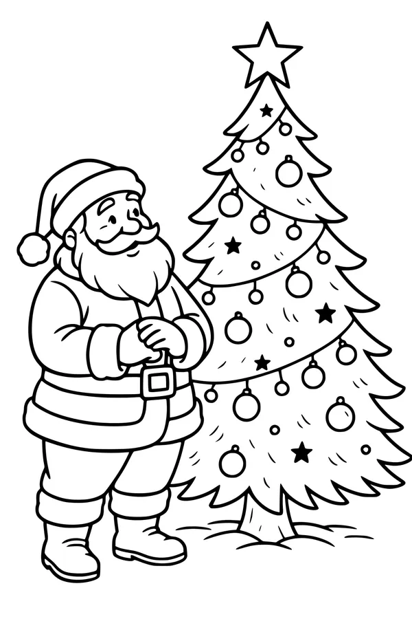 Free Santa Claus Coloring Page - Smiling by Christmas Tree (Printable PDF)