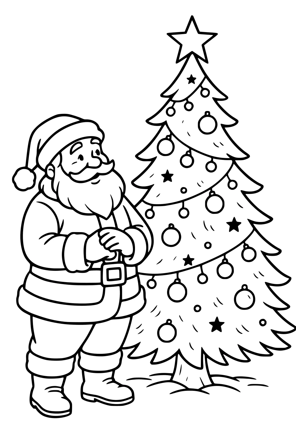 Santa Claus smiles beside a decorated Christmas tree with star topper, round baubles, and small star ornaments.