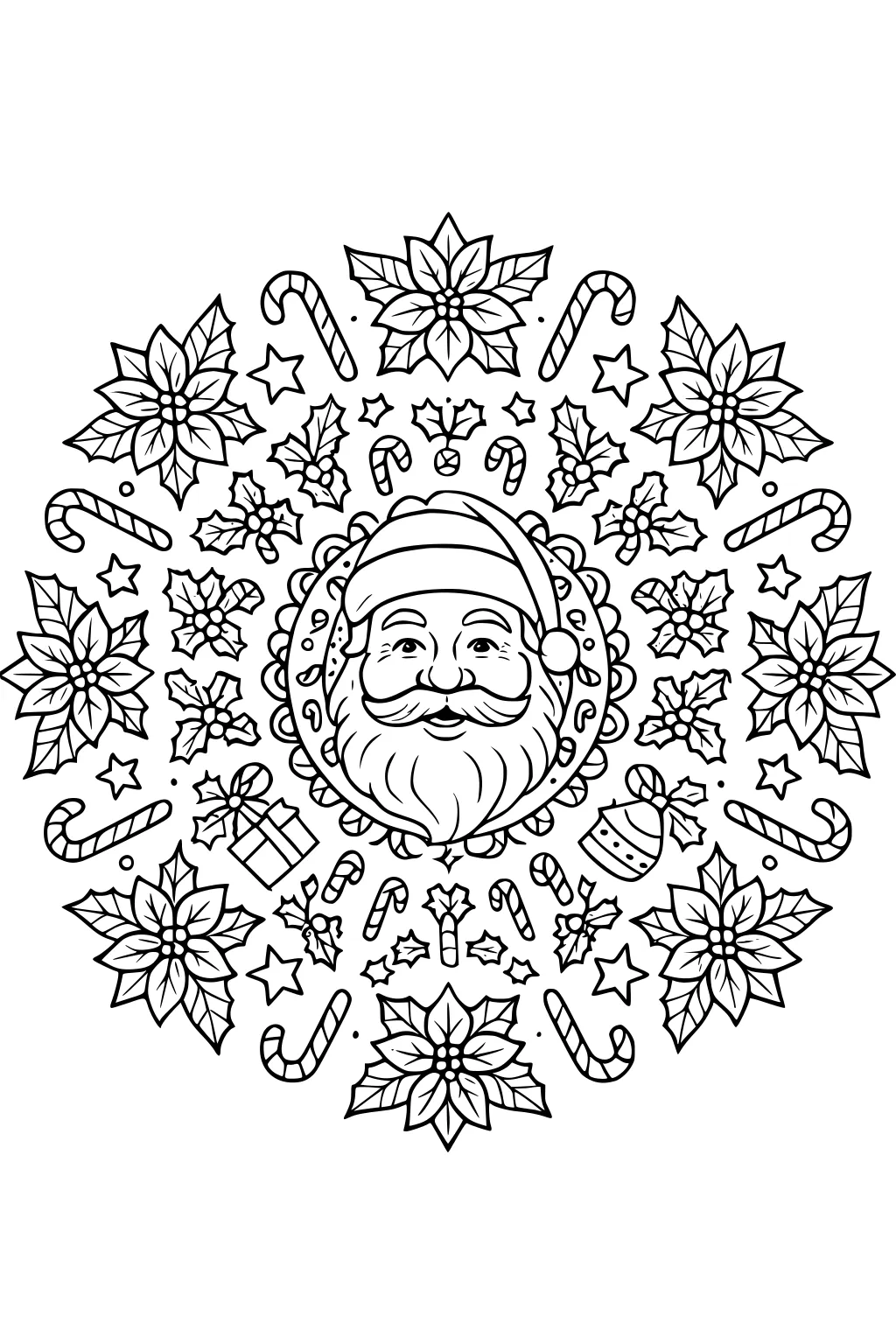 Santa face centered in a circular Christmas mandala with poinsettias, holly, candy canes, stars, a gift box, and an ornament.