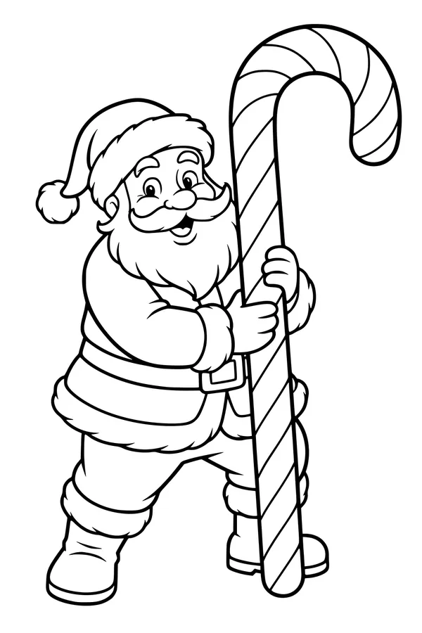 Free Santa Claus Coloring Page - Holding a Giant Candy Cane (Printable PDF)