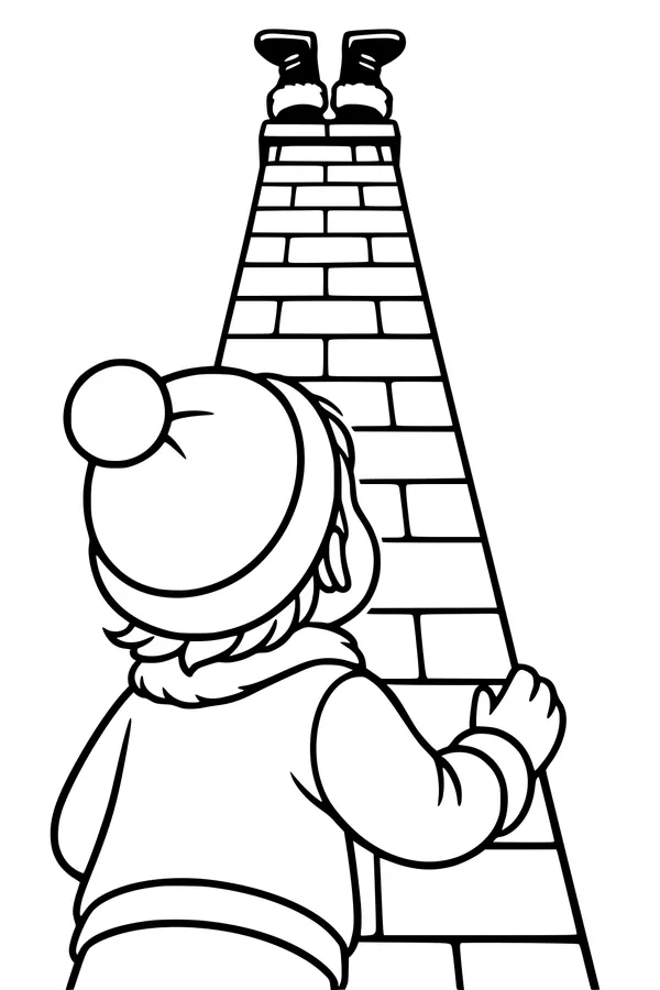 Free Santa Claus Coloring Page - Stuck in the Chimney with Curious Boy (Printable PDF)