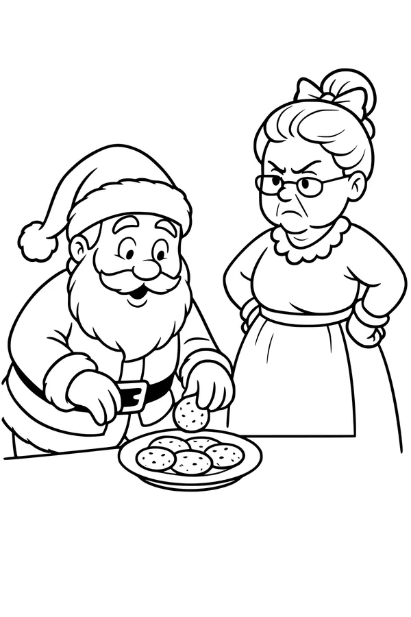 Free Santa Claus Coloring Page - Sneaking Cookies From Mrs. Claus (Printable PDF)