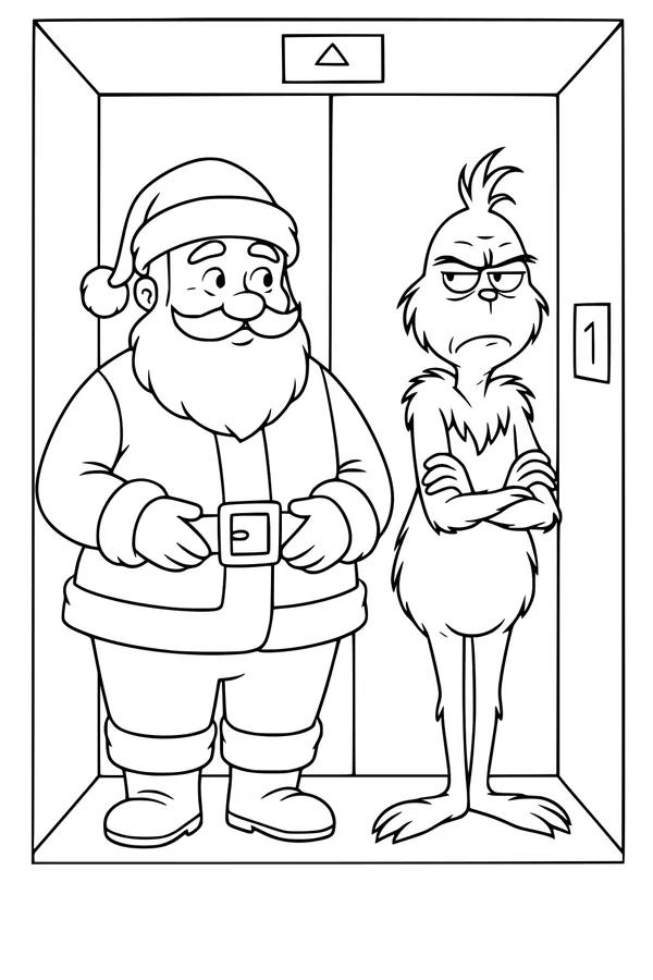 Free Santa Claus Coloring Page - Funny Elevator Ride with Grumpy Green Creature (Printable PDF)