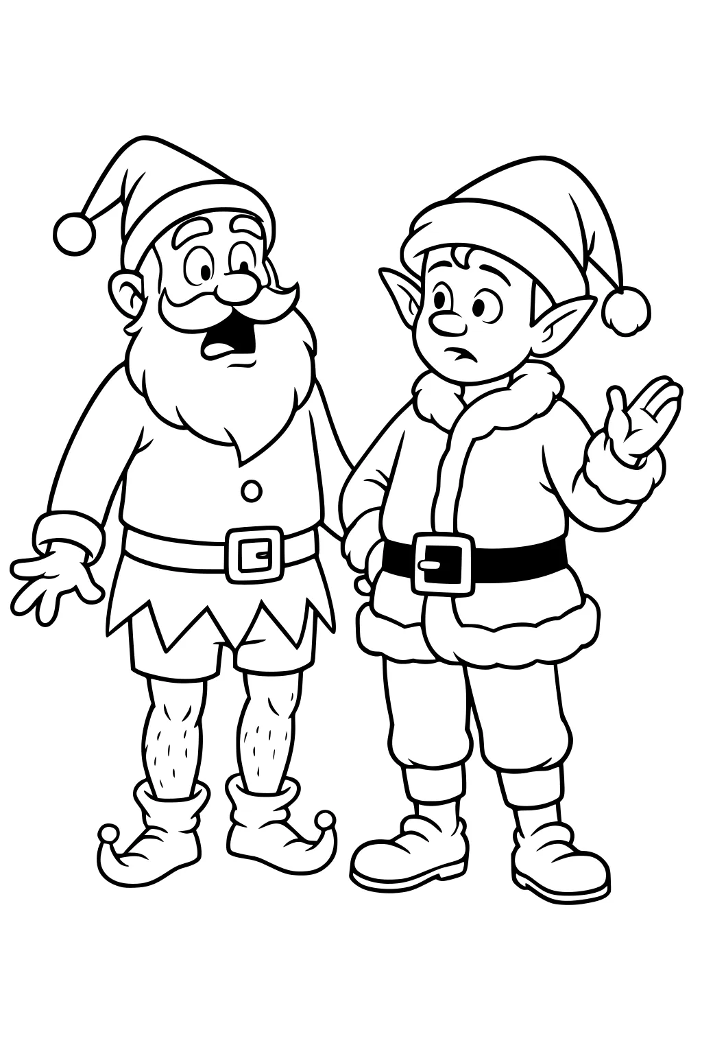 Santa in elf shorts stands beside a boy elf in a fur-trimmed Santa coat, both wearing hats and belts with surprised, talkative expressions.
