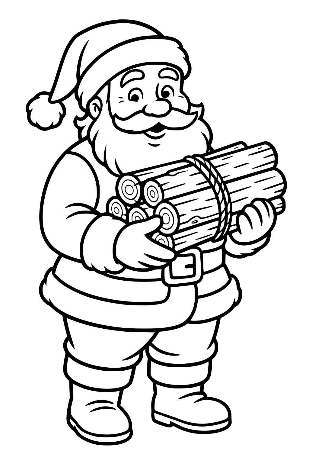 Santa Claus holds a bundle of firewood tied with rope, smiling in his hat, coat, belt, and boots, outlined for coloring.