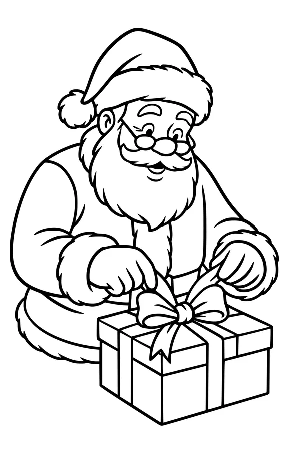 Free Santa Claus Coloring Page - Tying a Christmas Gift Bow (Printable PDF)