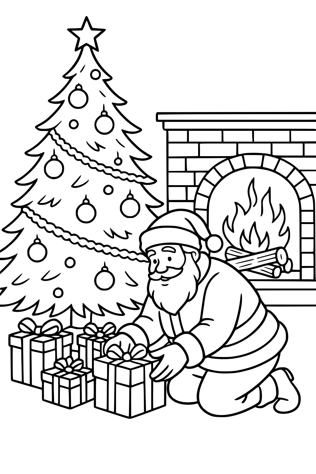 Santa kneels by a decorated Christmas tree, tying a bow on a present beside a brick fireplace with a glowing fire and stacked logs.