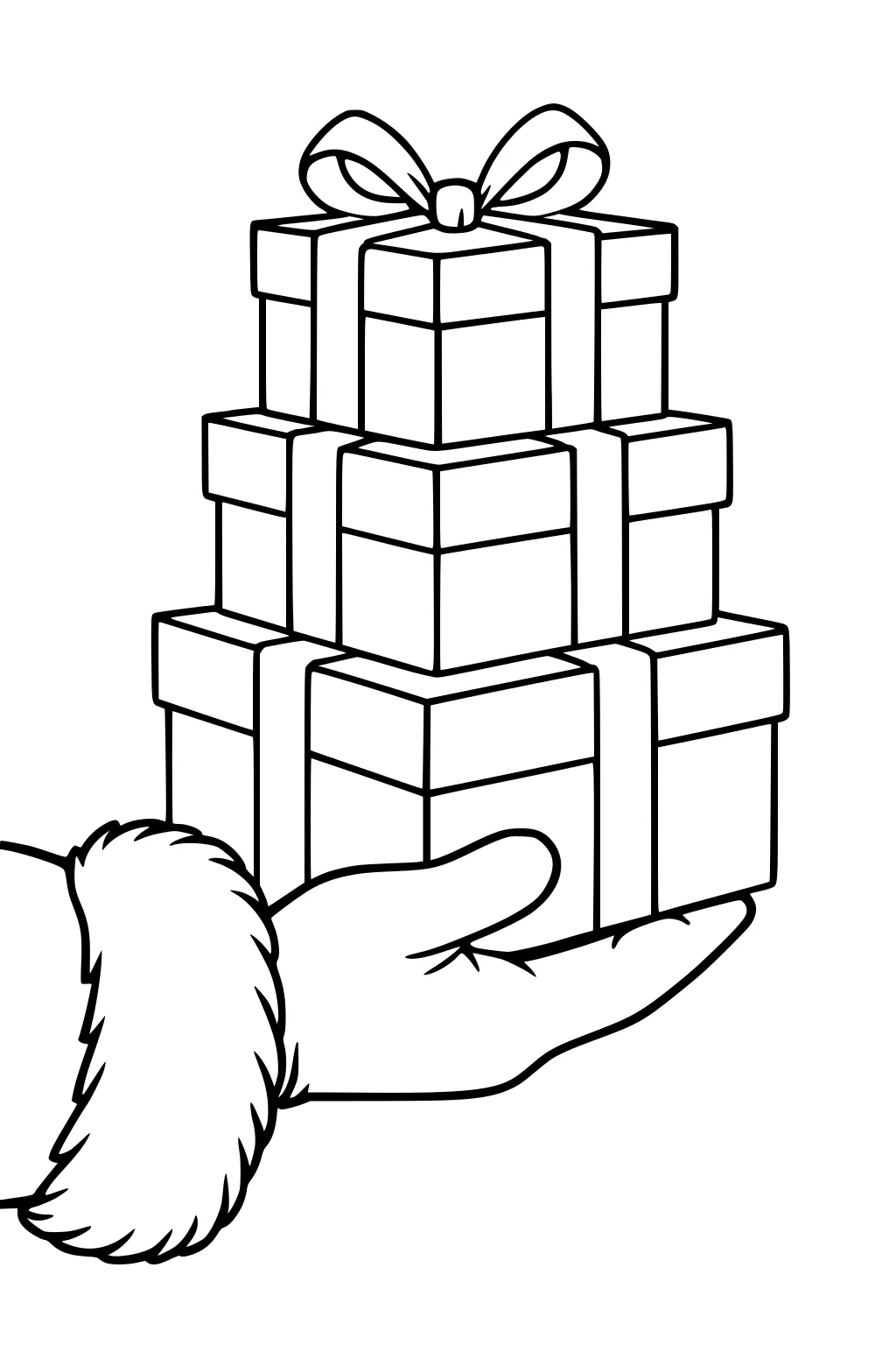 Santa's fur-cuffed hand holds a stack of three gift boxes with ribbons and a bow on top, drawn with simple bold outlines.