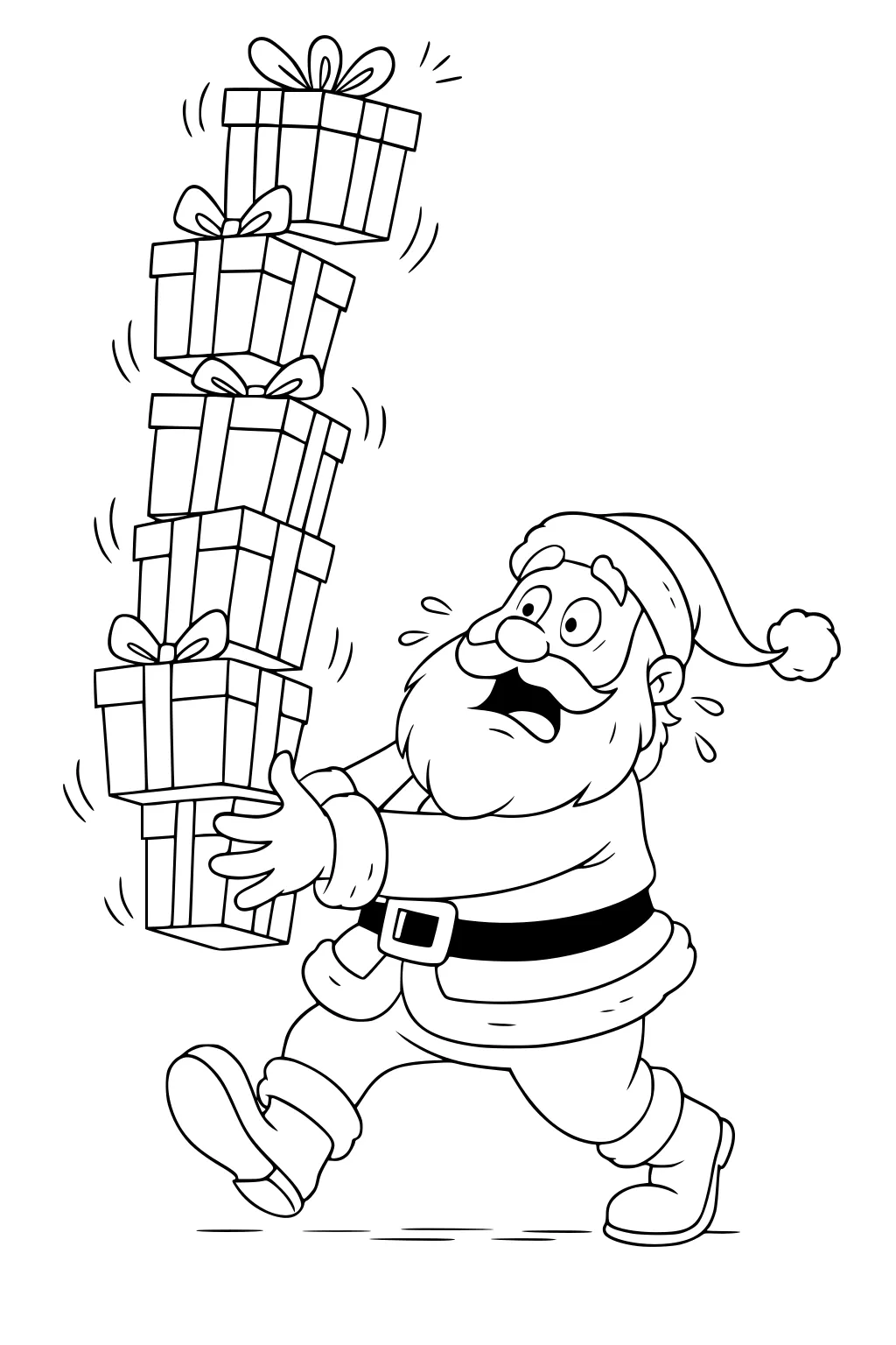 Santa runs while balancing a tall wobbly stack of wrapped presents with bows, sweat drops, and motion lines, simple background.