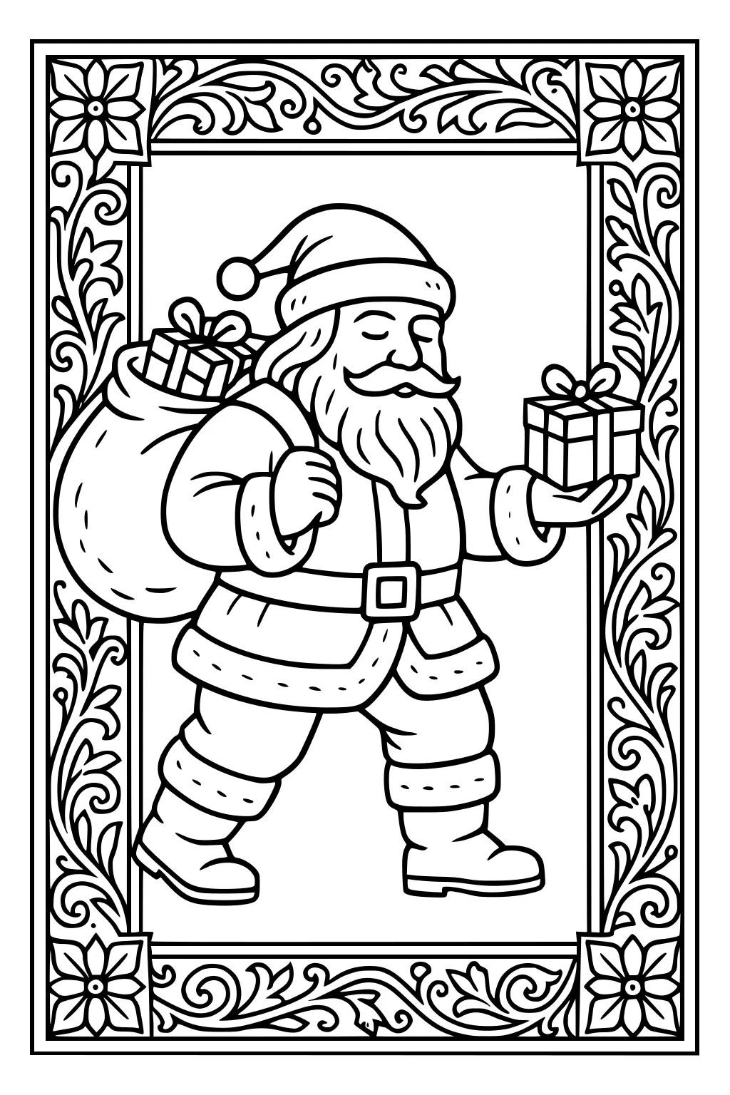 Santa walks holding a wrapped gift, sack of toys on his back, framed by vine swirls and poinsettias in bold cartoon lines.