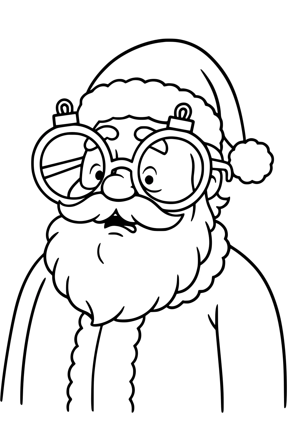 Cartoon Santa close-up with hat, oversized round glasses with loops, wide eyes, curled mustache, fluffy beard, and fuzzy coat trim.