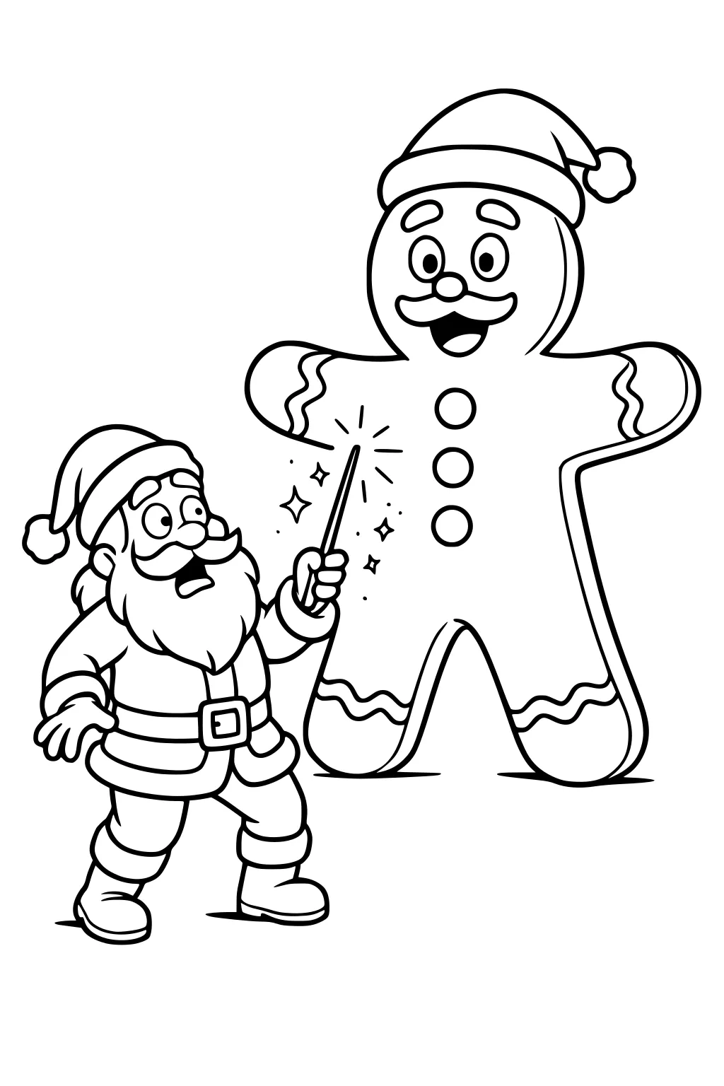 Santa with a wand faces a giant smiling gingerbread man in a Santa hat, with icing trims, buttons, and sparkles.