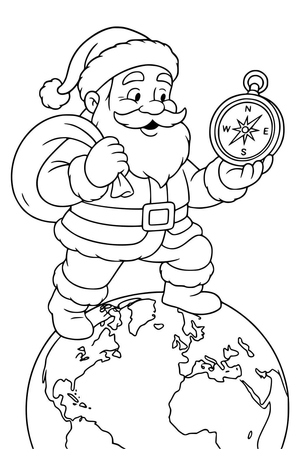 Santa on a globe, smiling, holding a compass marked N E S W, sack on shoulder, wearing hat, belt, mittens, and boots.