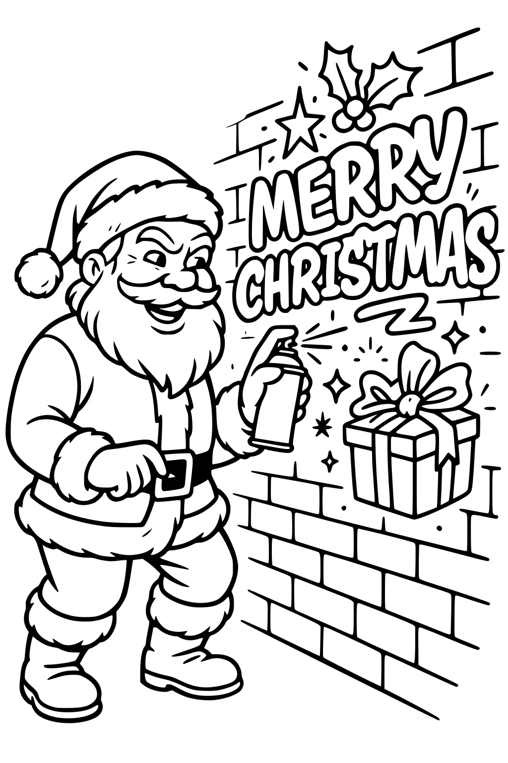 Santa spray-paints Merry Christmas on a brick wall with holly, stars, and a ribboned gift in bold cartoon lines.