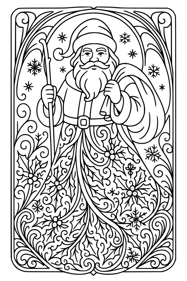 Free Santa Claus Coloring Page - Holly Robe and Snowy Gift Sack (Printable PDF)