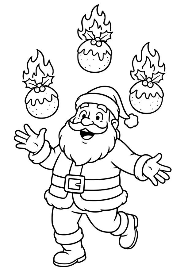 Free Santa Coloring Page - Juggling Flaming Christmas Puddings (Printable PDF)