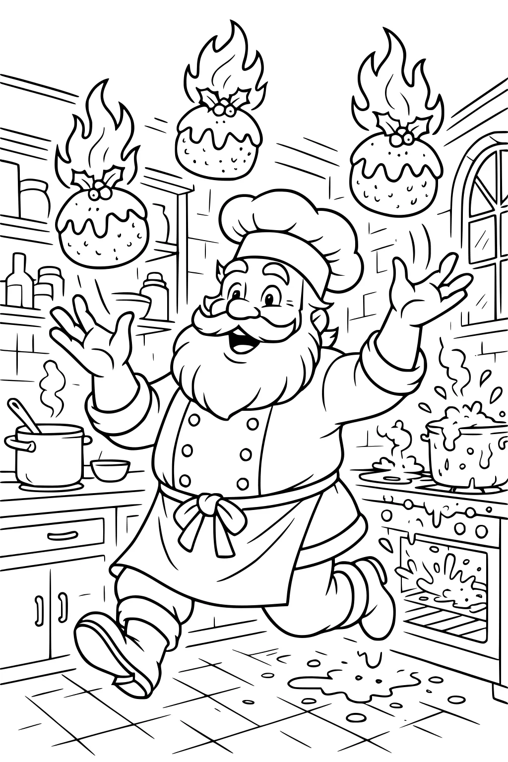 Santa in chef hat juggles flaming Christmas puddings in a messy kitchen with boiling pots, oven splatters, and a window.