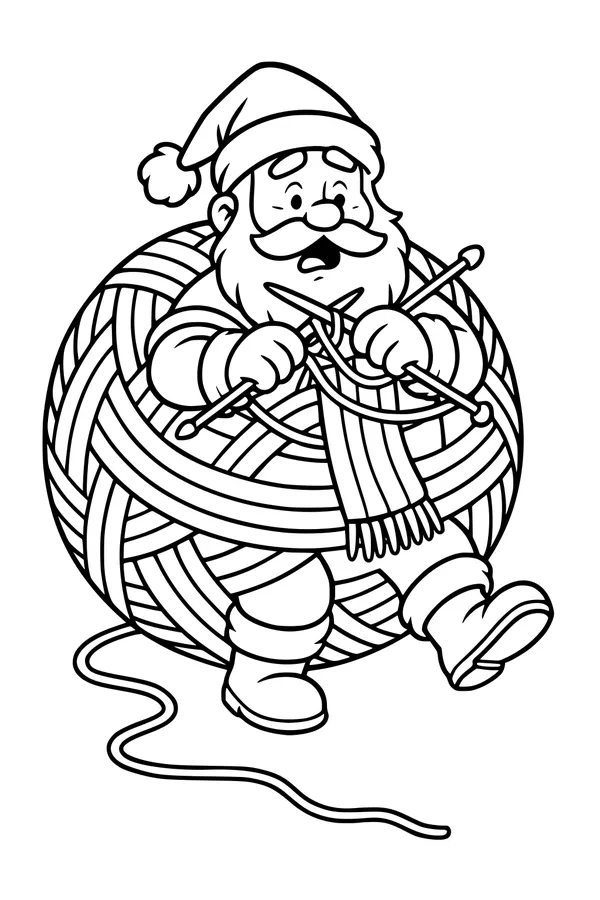 Free Santa Claus Coloring Page - Knitting in a Giant Yarn Ball (Printable PDF)