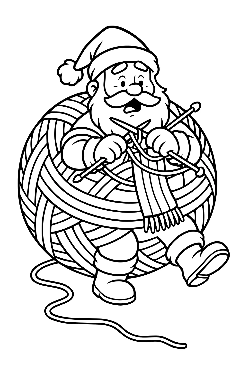 Santa sits in a giant yarn ball, knitting a scarf with needles; hat and boots visible, loose yarn trailing across the floor.