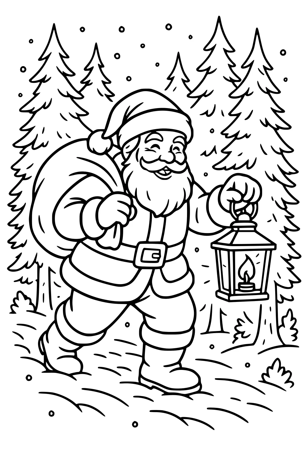 Santa walks through a snowy pine forest, lantern in hand and sack on his back, wearing boots and a fur-trimmed suit.