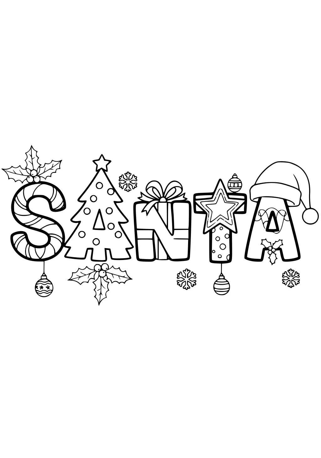 Word SANTA formed by festive items: candy cane S, tree A, gift N, star T, hat A, with holly, baubles, and snowflakes around.