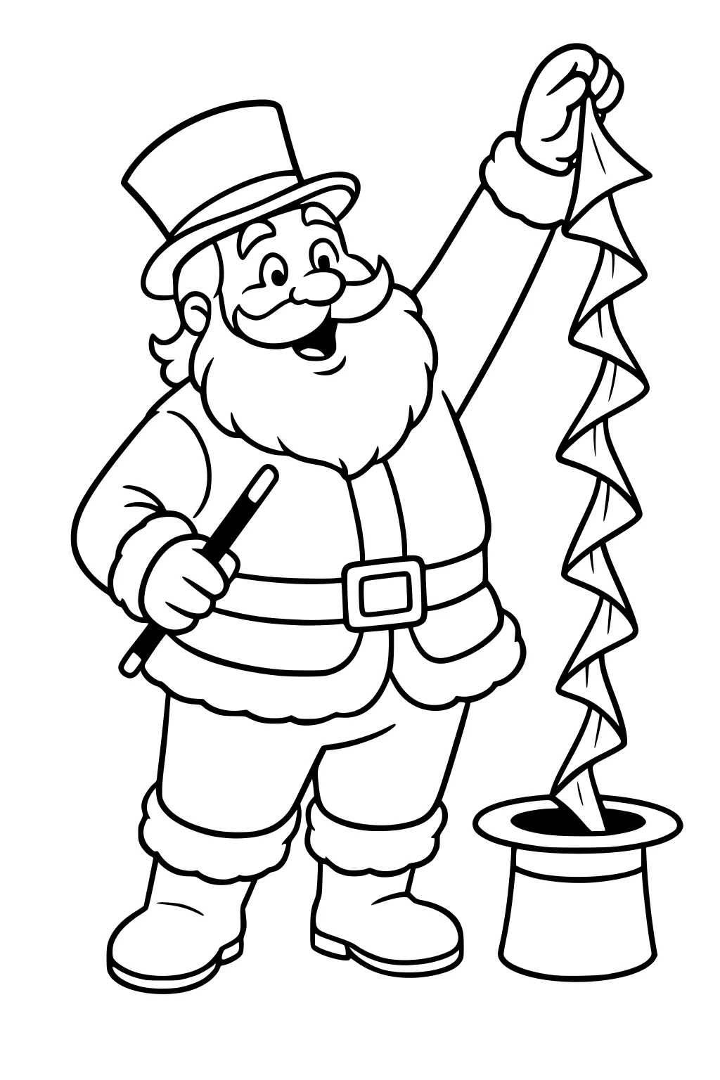 Santa in a suit and top hat uses a wand to pull a long zigzag paper streamer from a magician hat on the ground.