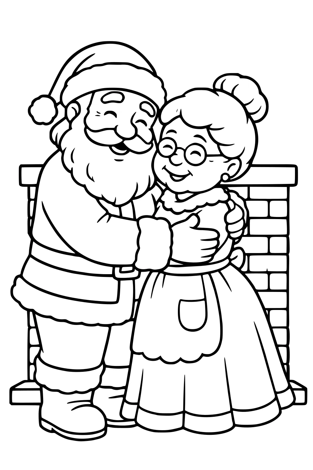 Santa and Mrs. Claus smiling and hugging by a brick fireplace, with Santa's hat and boots and her glasses, apron, and bun.