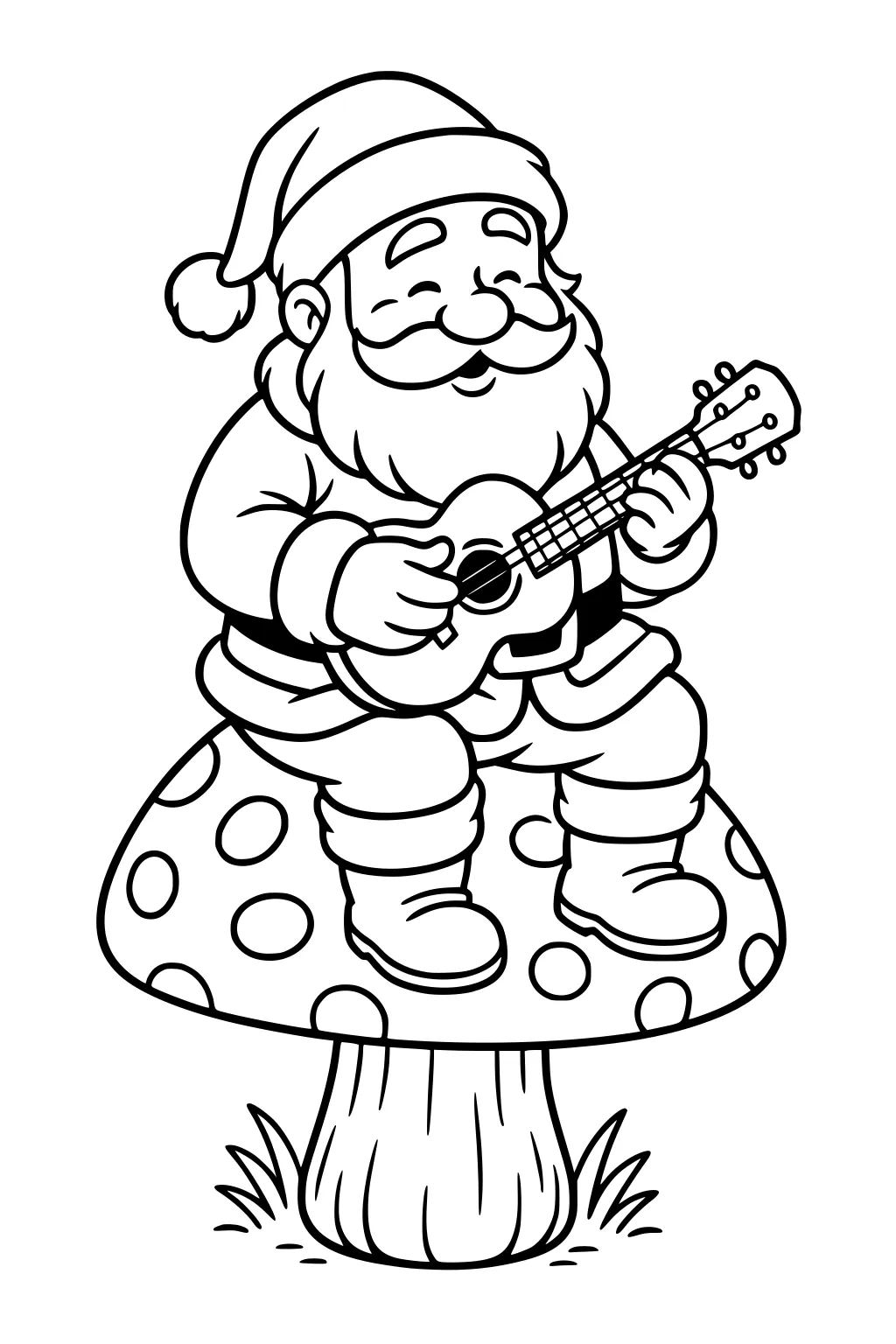 Santa Claus strums a small guitar on a big spotted mushroom, eyes closed and smiling, boots dangling above grass.
