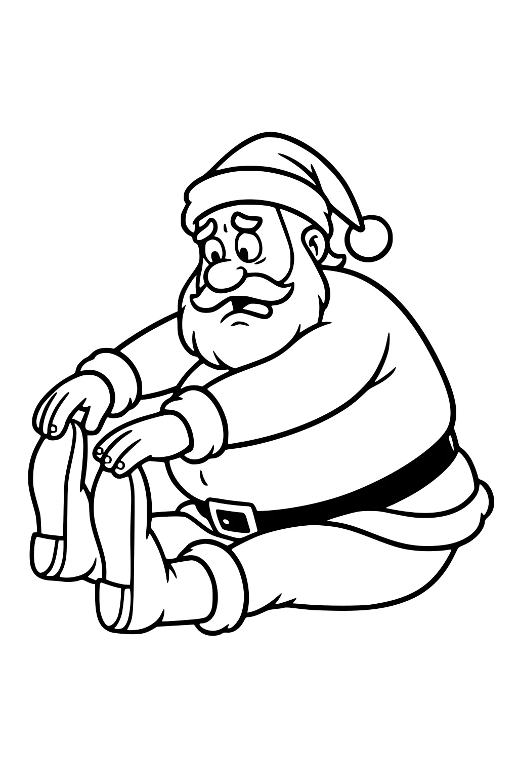 Santa sits on the floor holding his boots, brow furrowed, wearing a pom-pom hat, gloves, belt, and winter boots.