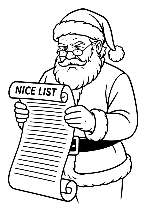 Free Santa Claus Coloring Page - Checking the Nice List Scroll (Printable PDF)
