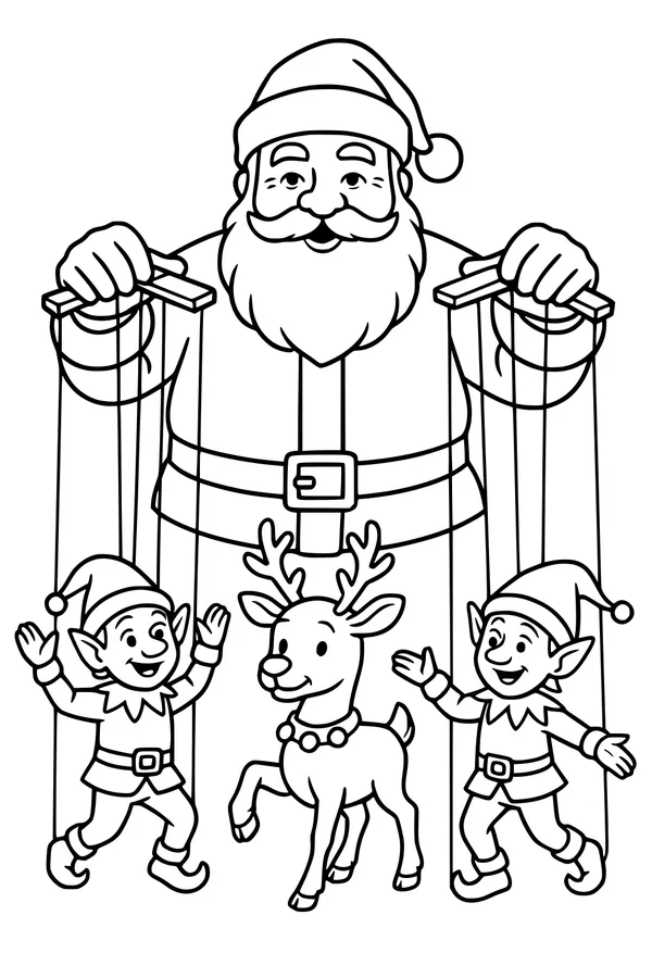Free Santa Claus Coloring Page - Christmas Puppet Show Scene (Printable PDF)