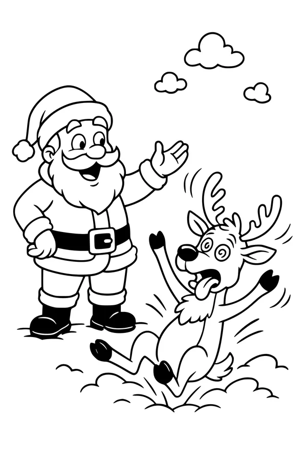 Free Santa And Reindeer Coloring Page - Silly Snowy Tumble Scene (Printable PDF)