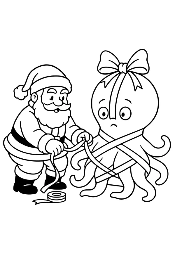 Free Santa And Octopus Coloring Page - Silly Christmas Ribbon Wrap (Printable PDF)