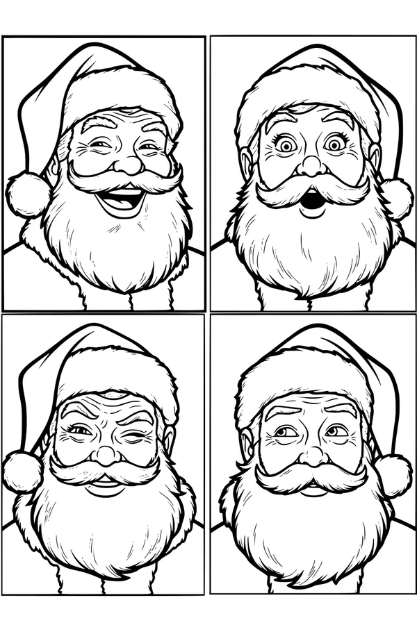 Free Santa Coloring Page - Four Silly Christmas Faces (Printable PDF)