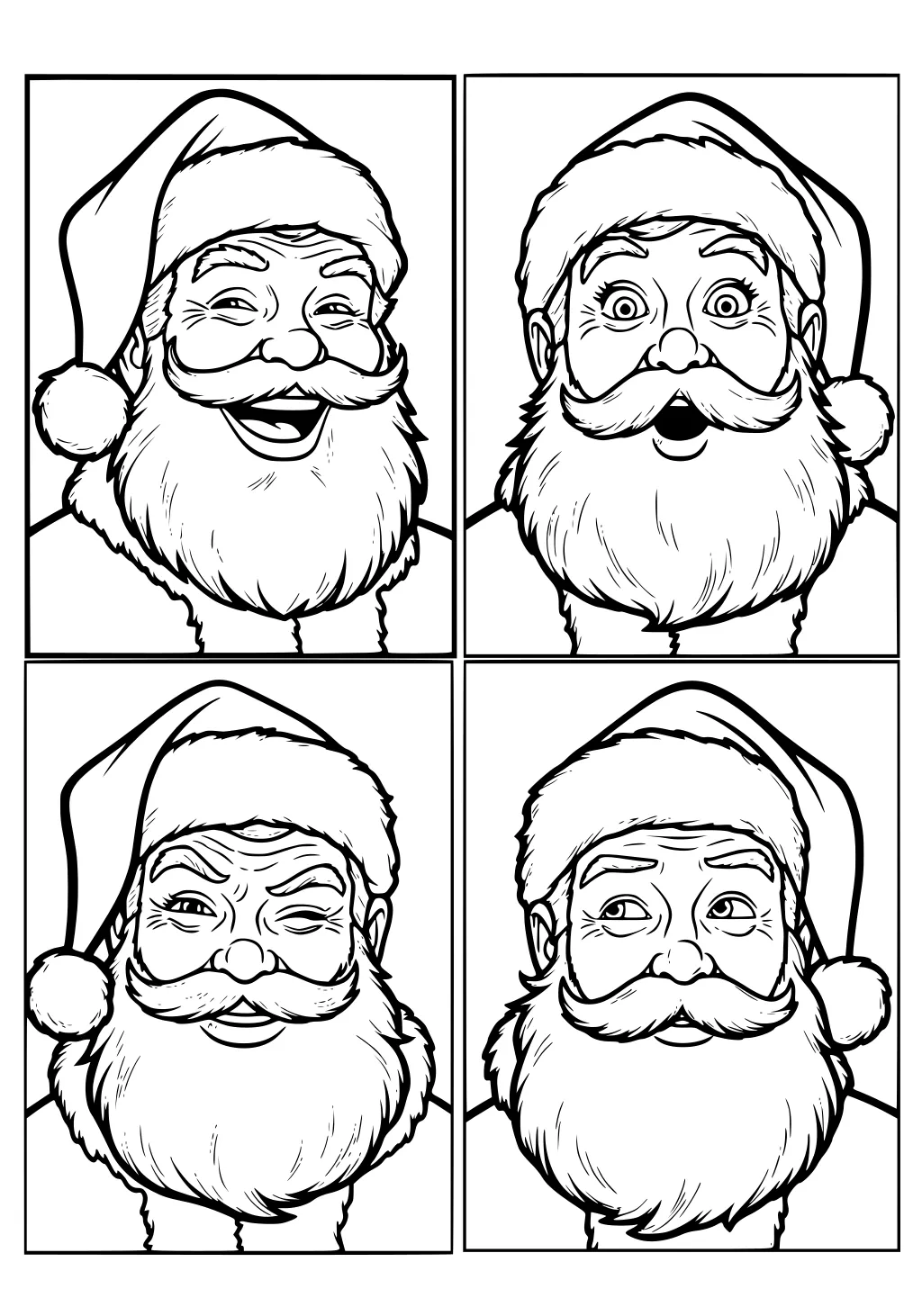 Four-panel Santa Claus faces: laughing, surprised, winking, and looking aside, with fluffy beard, mustache, and pom-pom hat.