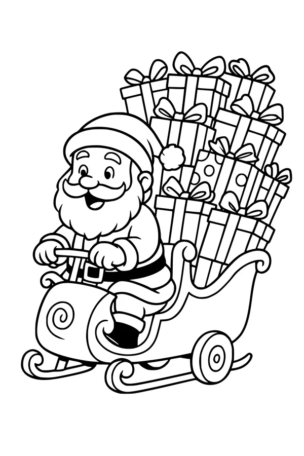 Free Santa Claus Coloring Page - Sleigh Piled With Christmas Presents (Printable PDF)